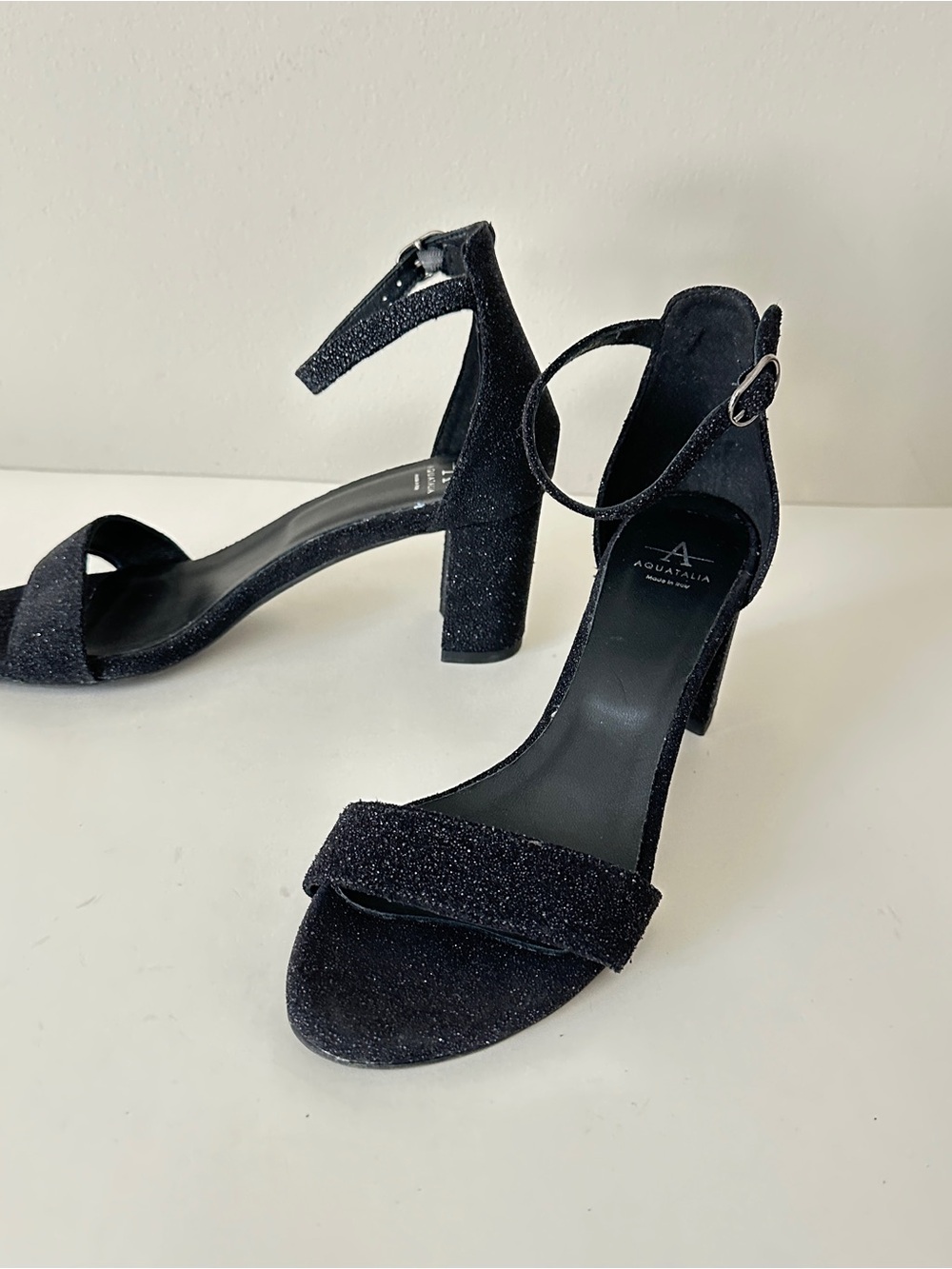 NEW Aquatalia Shanna Black Sparkle Leather Ankle-Strap Block Heel Sandals Sz 7.5